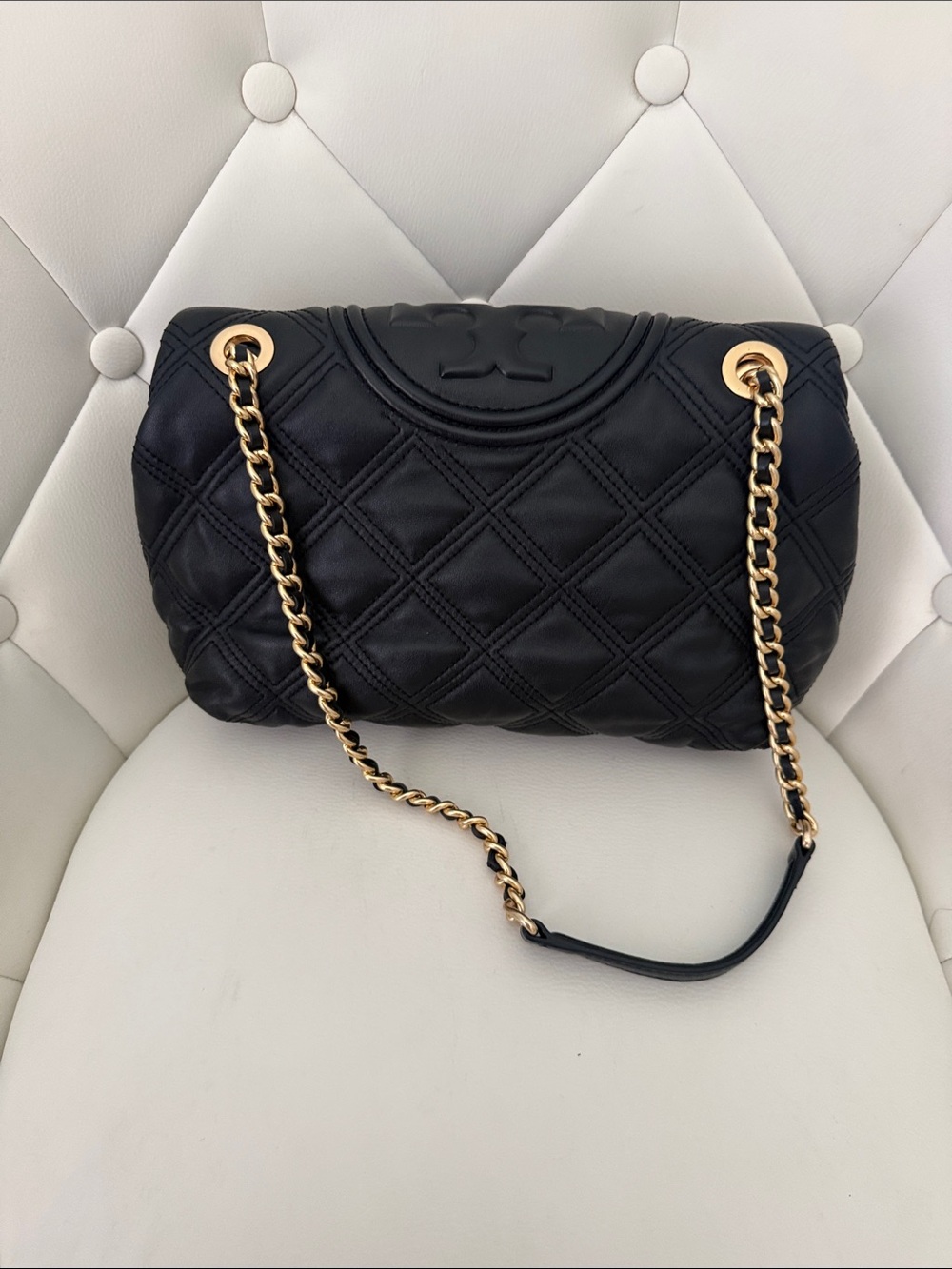 Tory Burch Fleming Quilted Soft Leather Convertible Shoulder Bag Black GoldChain - Picture 7 of 16